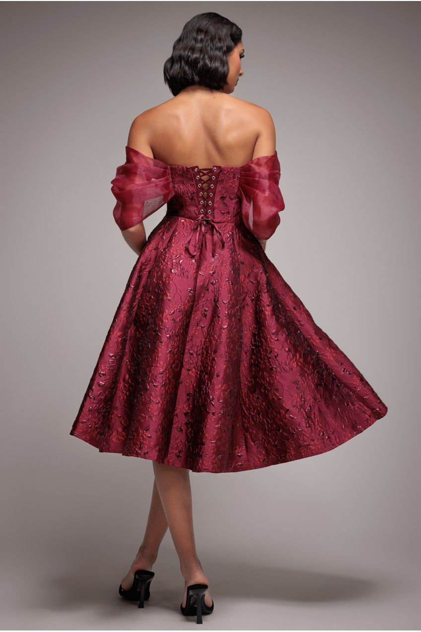 Lace Up Jacquard Midi Dress With Organza Wings - Burgundy Red DR4791
