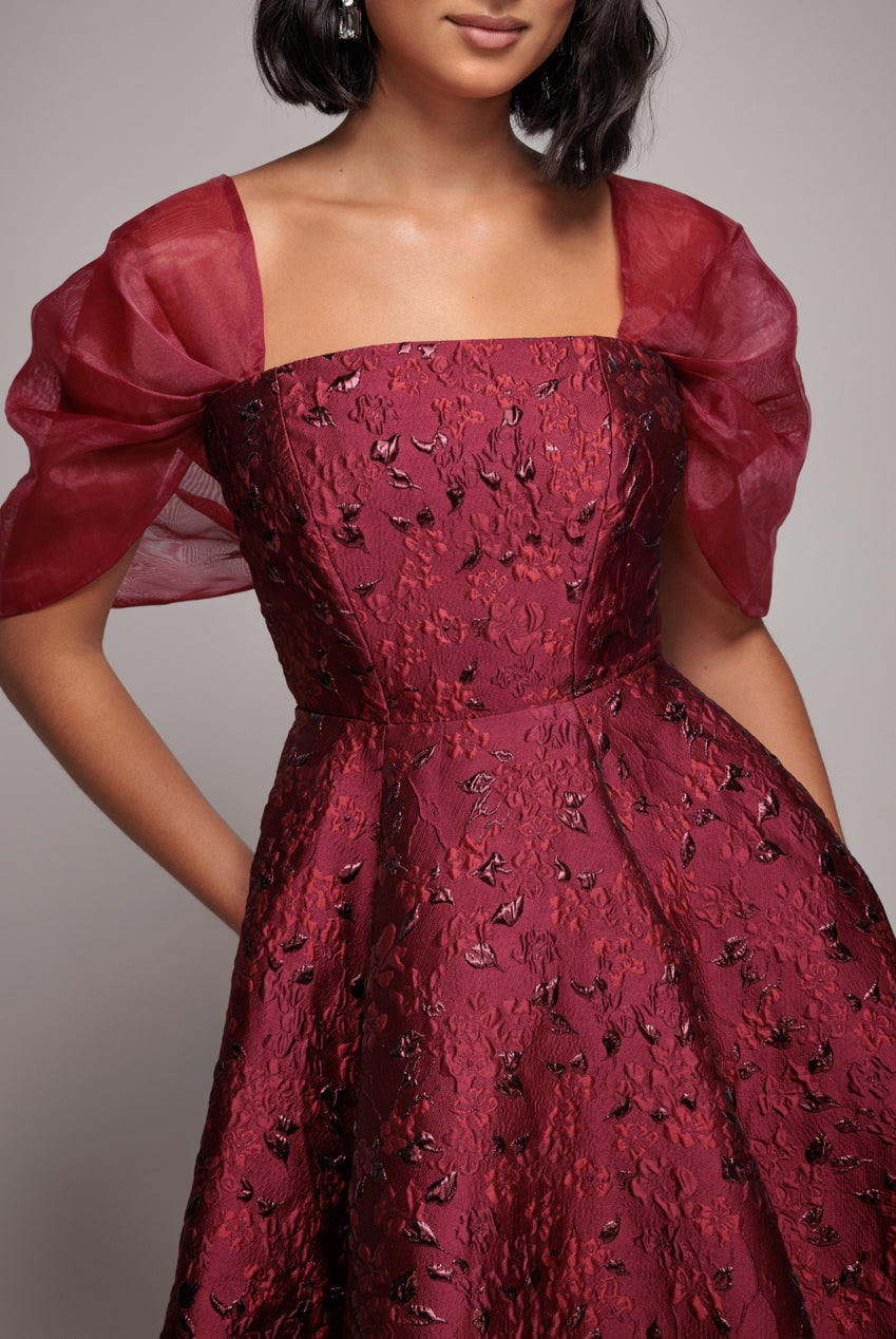 Lace Up Jacquard Midi Dress With Organza Wings - Burgundy Red DR4791