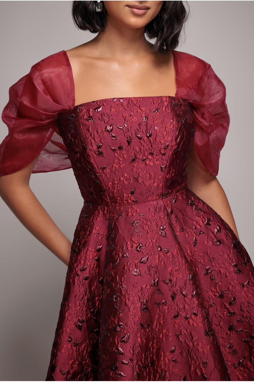 Lace Up Jacquard Midi Dress With Organza Wings - Burgundy Red DR4791