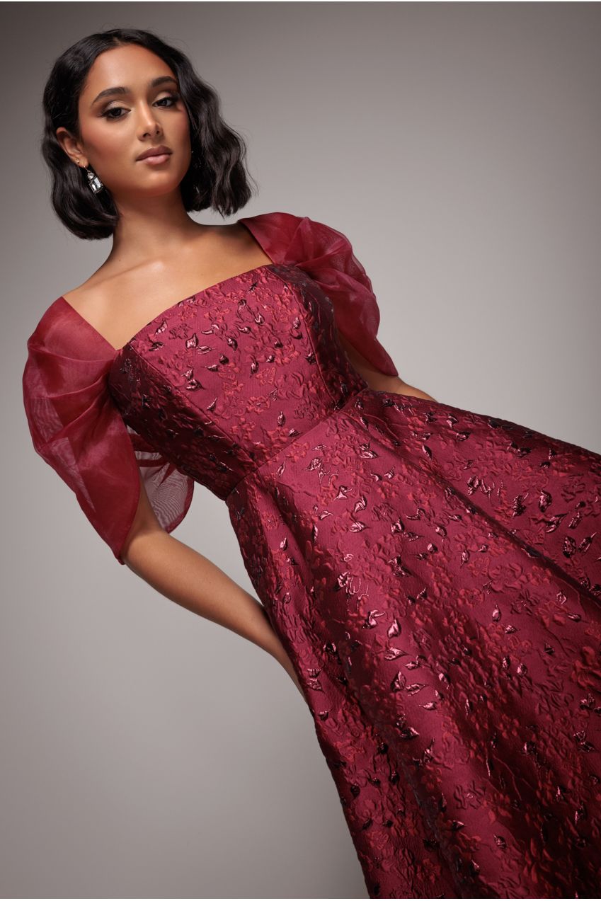 Lace Up Jacquard Midi Dress With Organza Wings - Burgundy Red DR4791