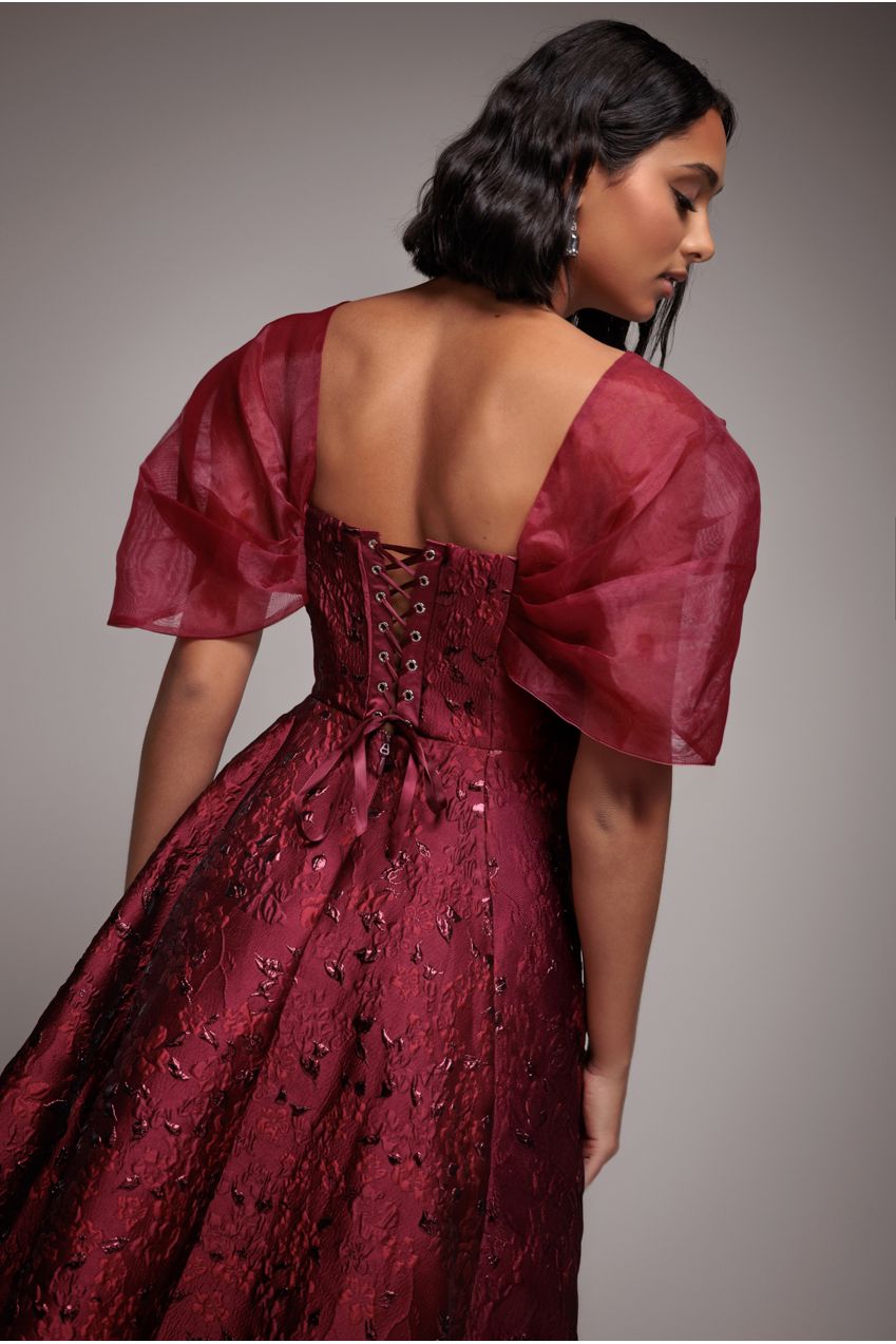 Lace Up Jacquard Midi Dress With Organza Wings - Burgundy Red DR4791