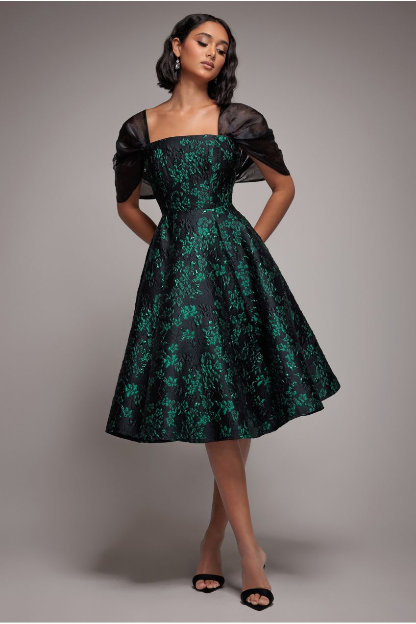 Lace Up Jacquard Midi Dress With Organza Wings - Emerald Black DR4791