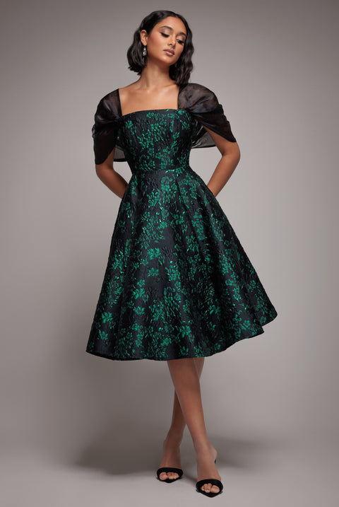 Lace Up Jacquard Midi Dress With Organza Wings - Emerald Black by Goddiva