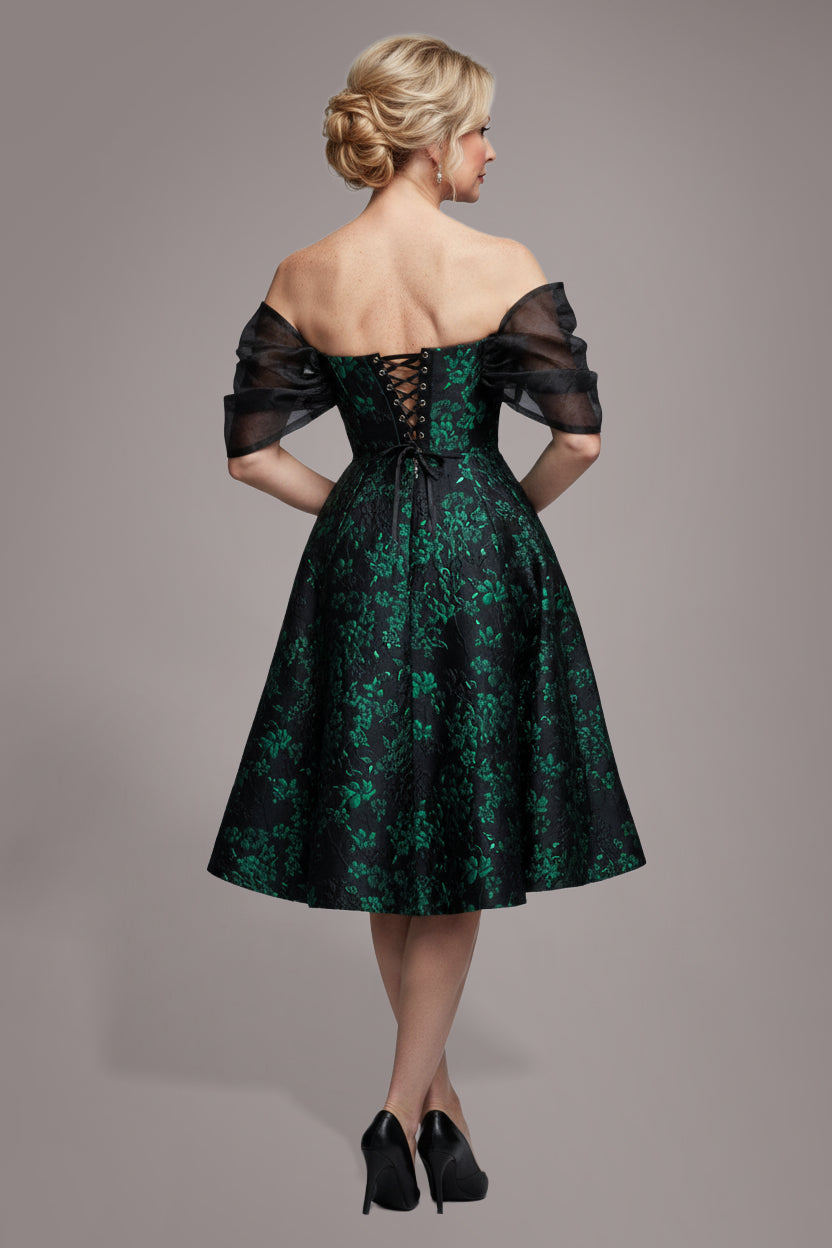 Lace Up Jacquard Midi Dress With Organza Wings - Emerald Black DR4791M