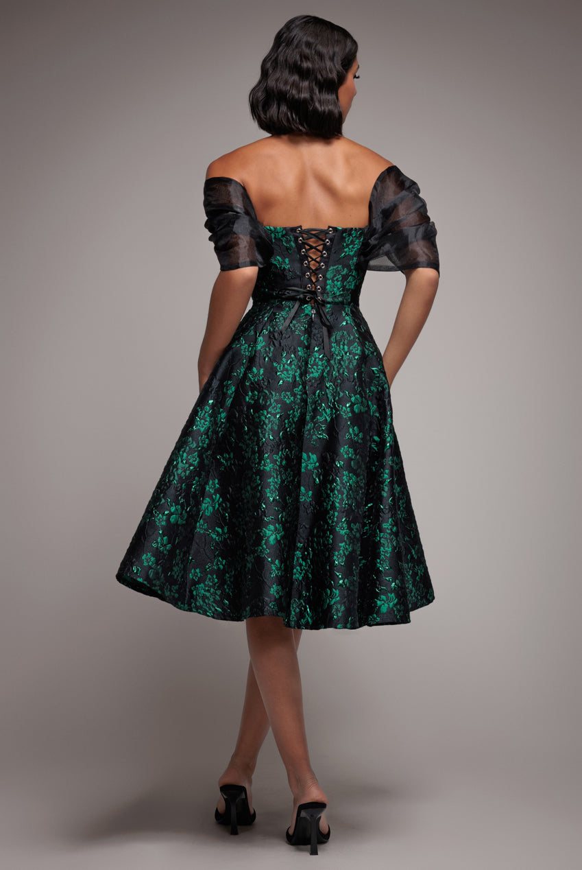Lace Up Jacquard Midi Dress With Organza Wings - Emerald Black DR4791