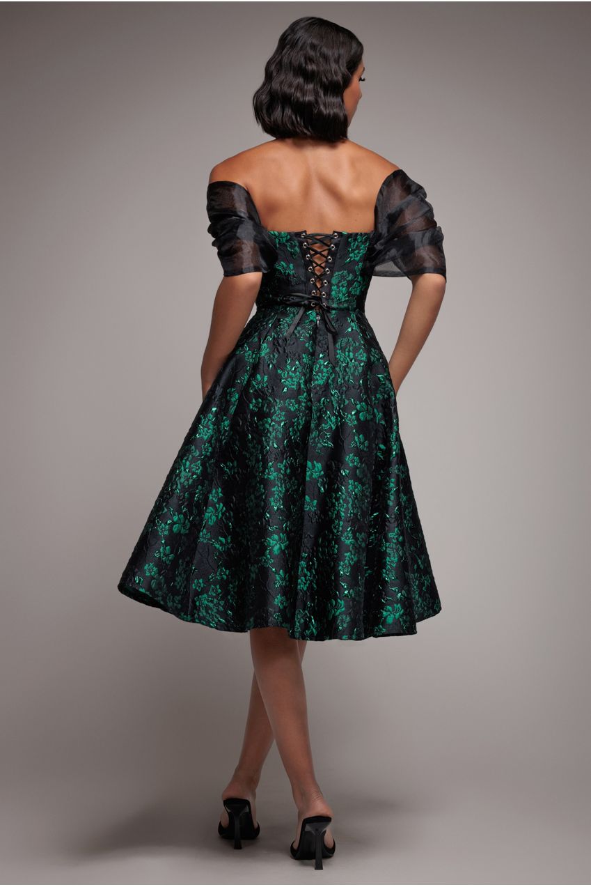 Lace Up Jacquard Midi Dress With Organza Wings - Emerald Black DR4791