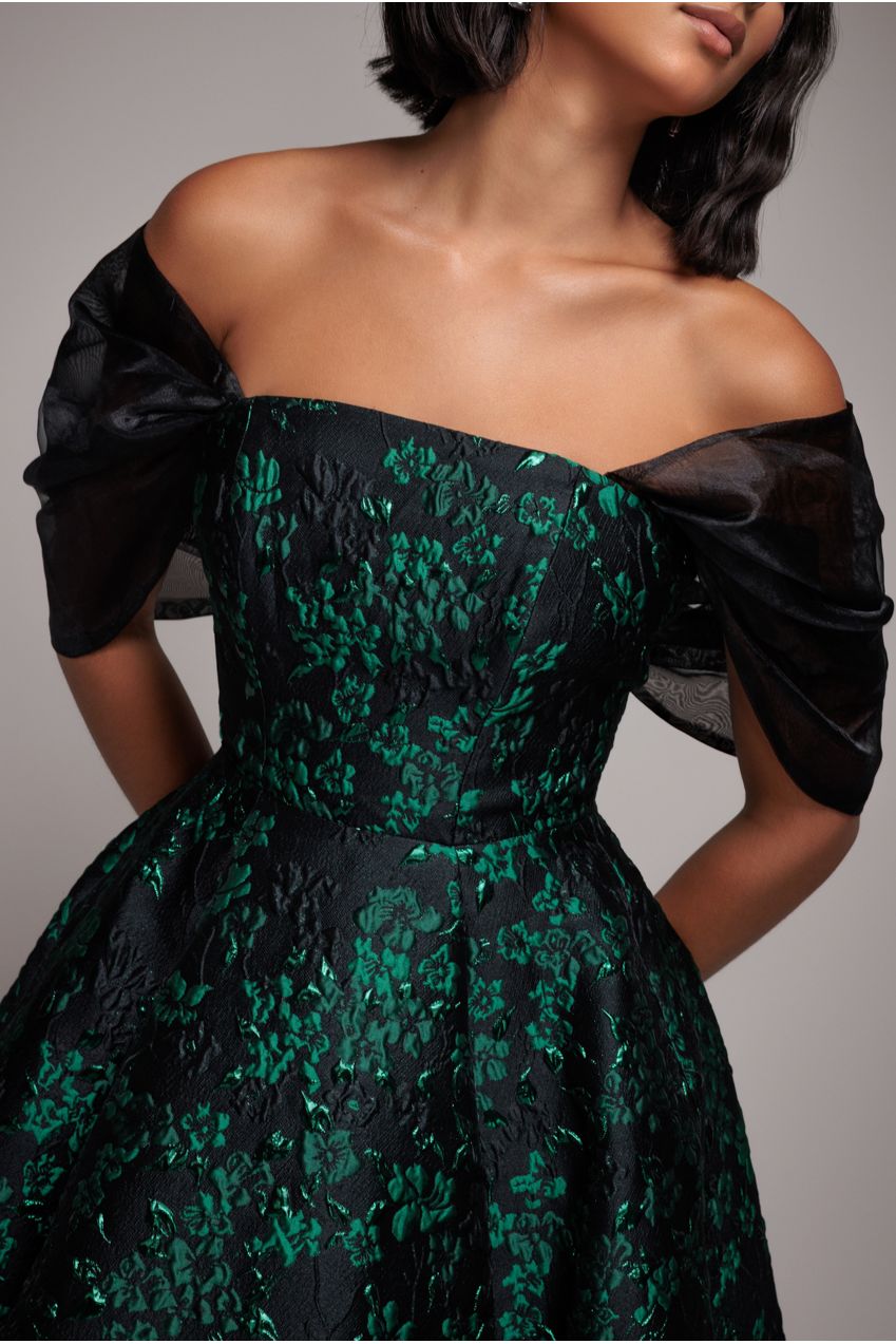 Lace Up Jacquard Midi Dress With Organza Wings - Emerald Black DR4791