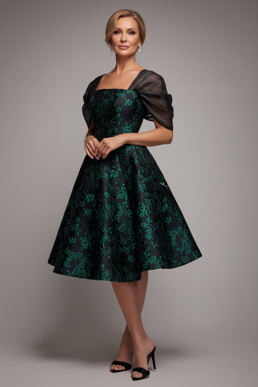 Lace Up Jacquard Midi Dress With Organza Wings - Emerald Black DR4791M