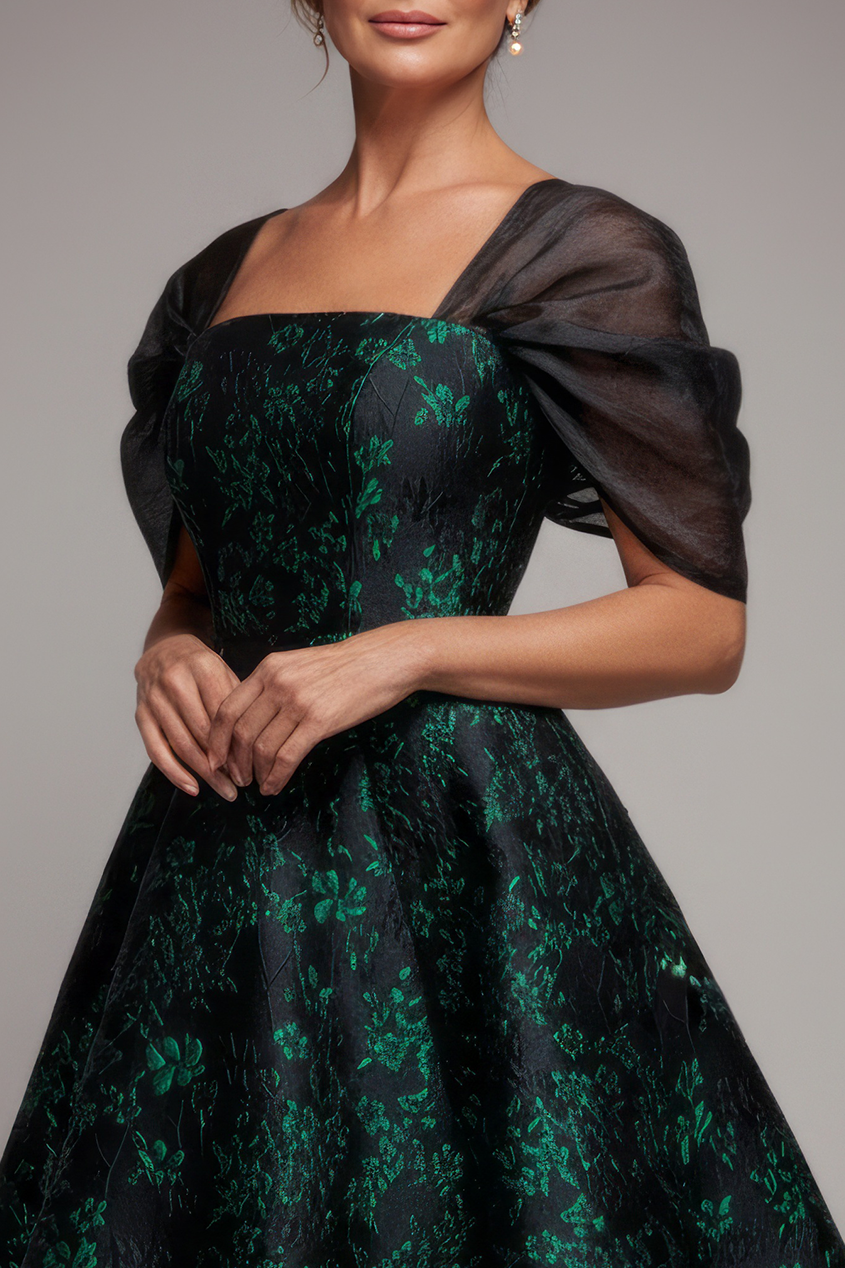 Lace Up Jacquard Midi Dress With Organza Wings - Emerald Black DR4791M