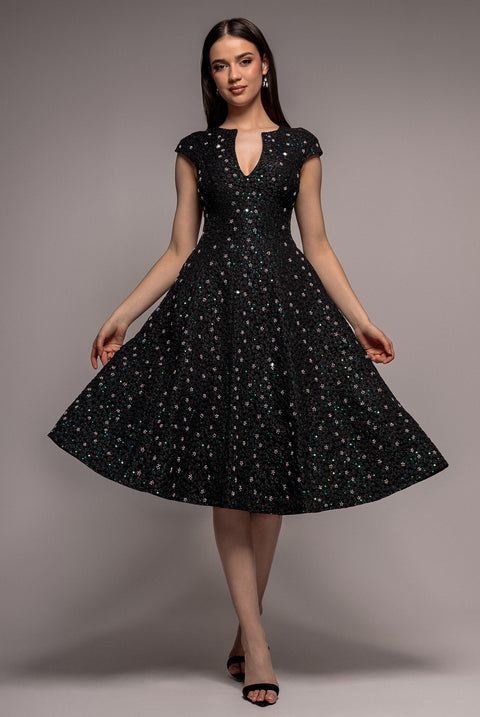 Bead Embellished Jacquard A Line Midi Dress - Black by Goddiva