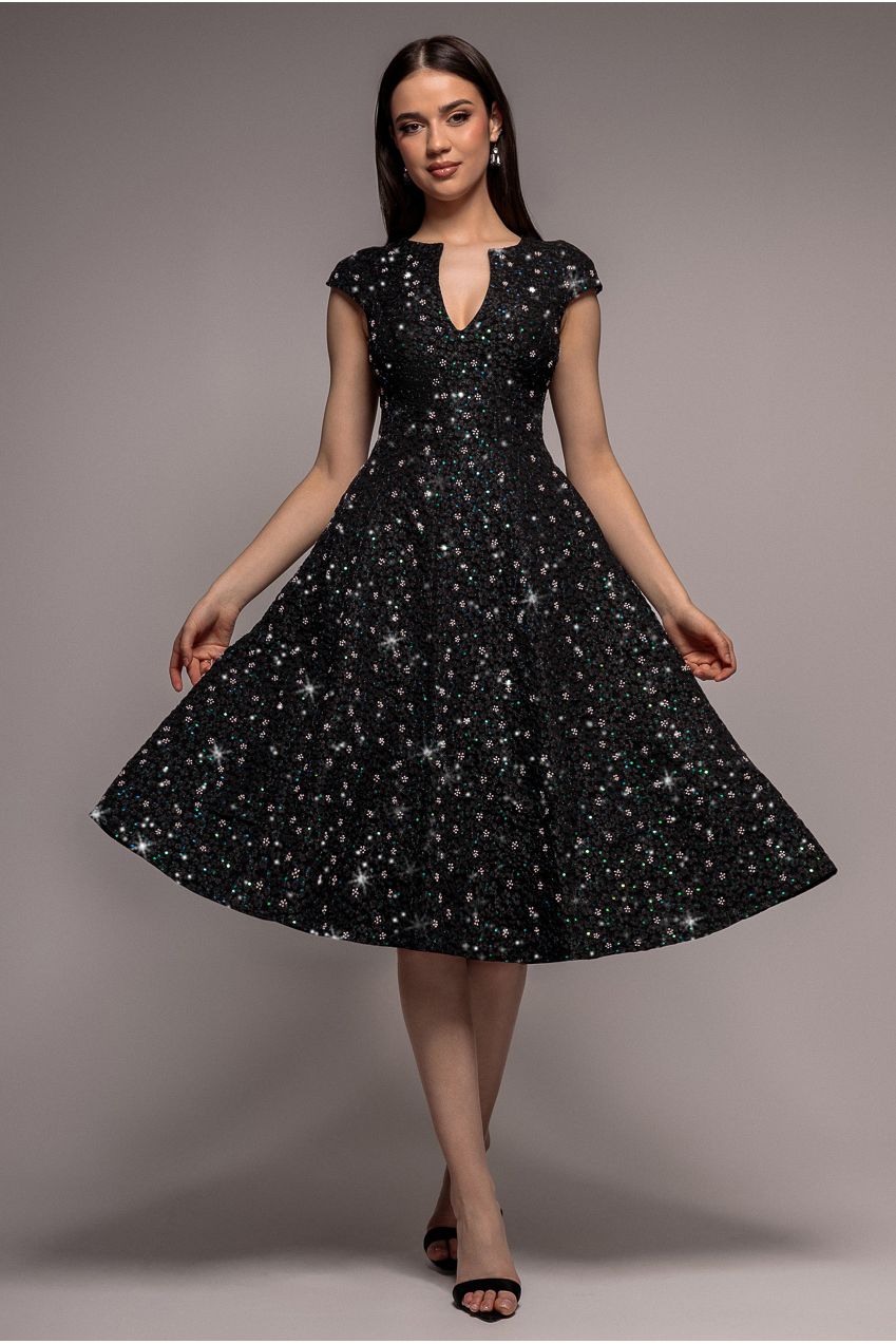 Bead Embellished Jacquard A Line Midi Dress - Black | Goddiva Bead Embellished Jacquard A Line Midi Dress - Black | Goddiva
