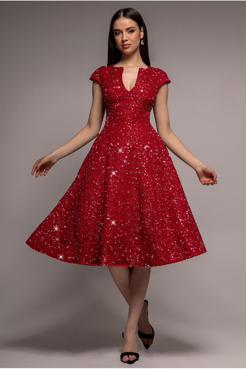 Bead Embellished Jacquard A Line Midi Dress - Red