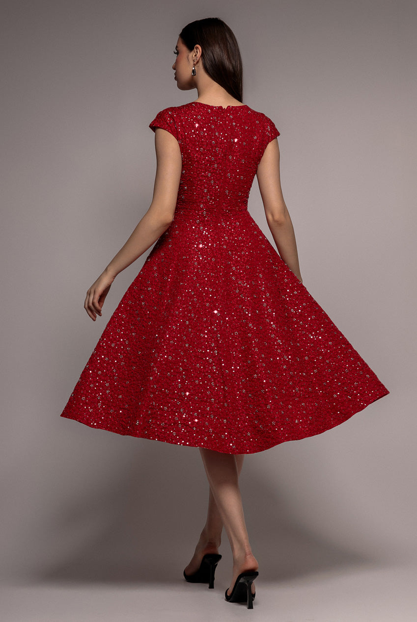 Bead Embellished Jacquard A Line Midi Dress - Red DR4795
