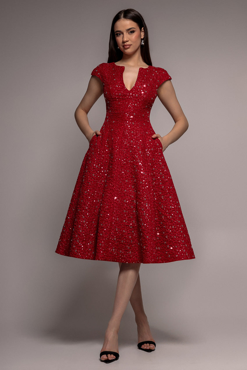 Bead Embellished Jacquard A Line Midi Dress - Red DR4795