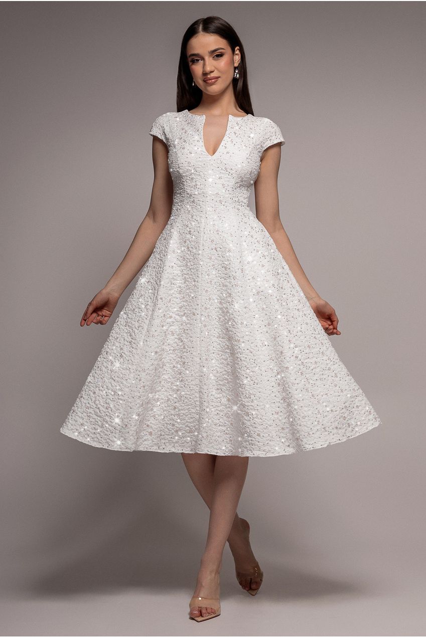Bead Embellished Jacquard A Line Midi Dress - White DR4795