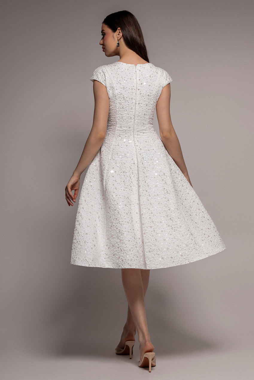 Bead Embellished Jacquard A Line Midi Dress - White DR4795