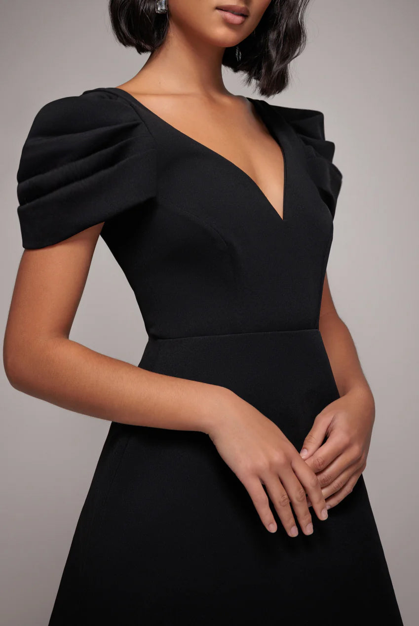 Plunging Neck Pleated Sleeve Scuba Mini Dress - Black DR4798
