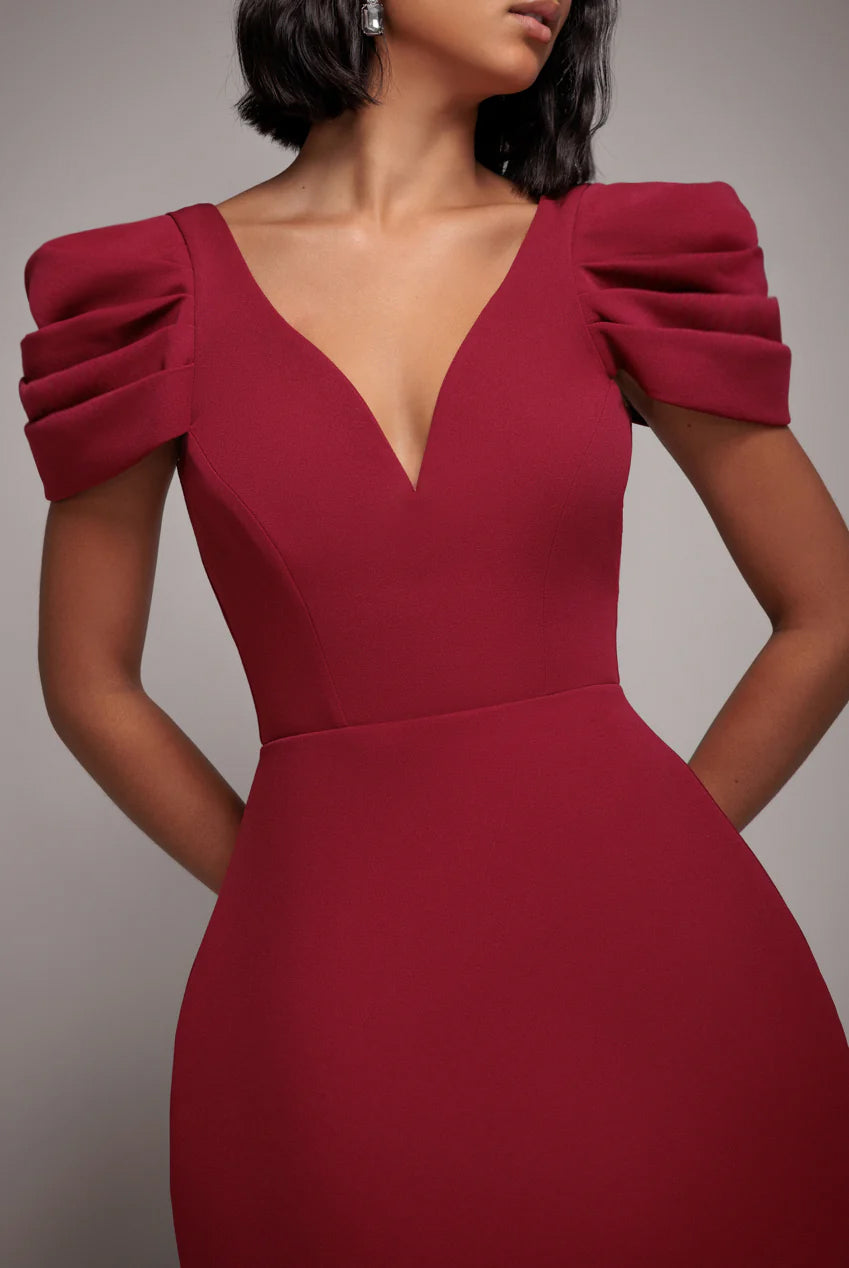 Plunging Neck Pleated Sleeve Scuba Mini Dress - Burgundy Red DR4798