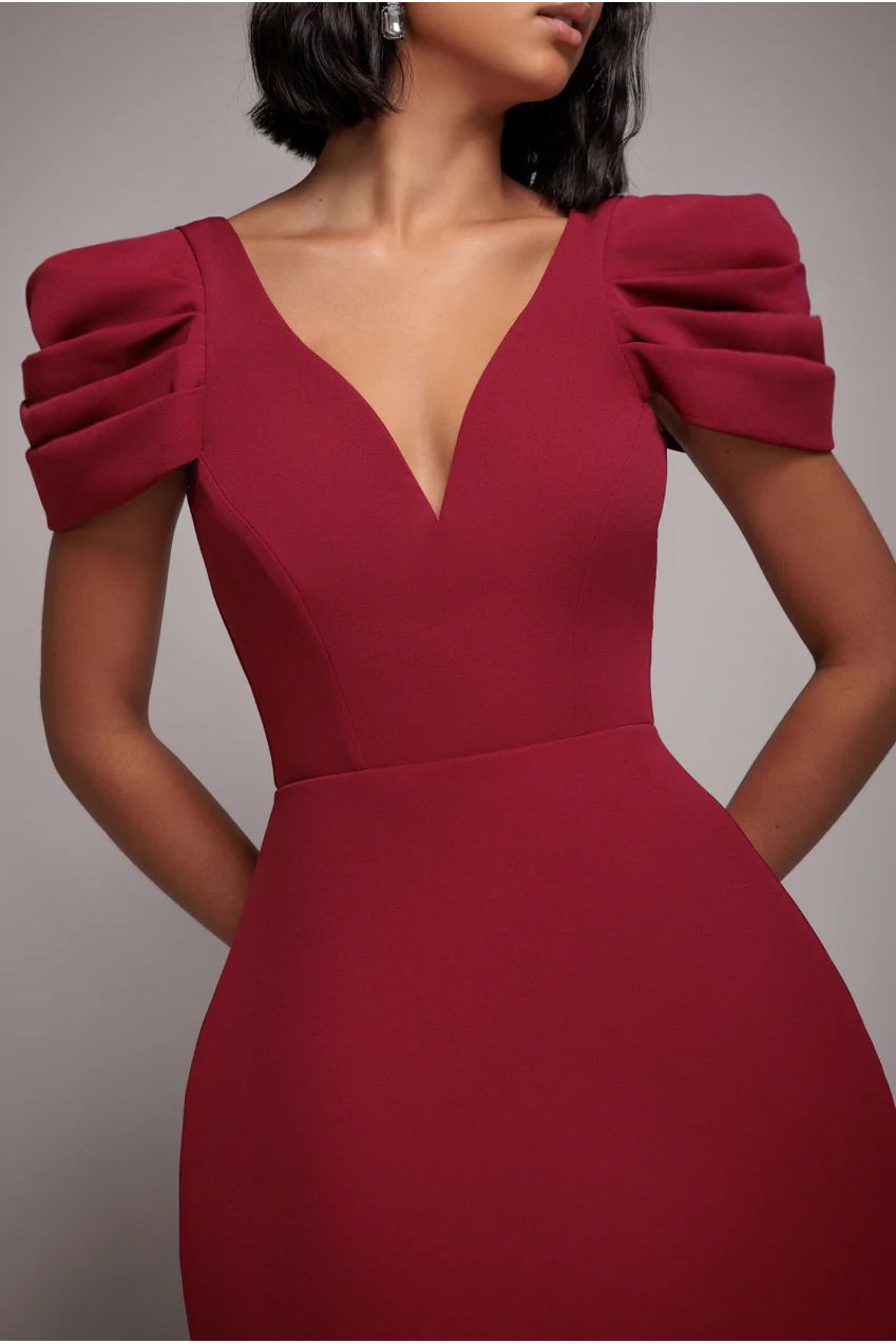 Plunging Neck Pleated Sleeve Scuba Mini Dress - Burgundy Red DR4798