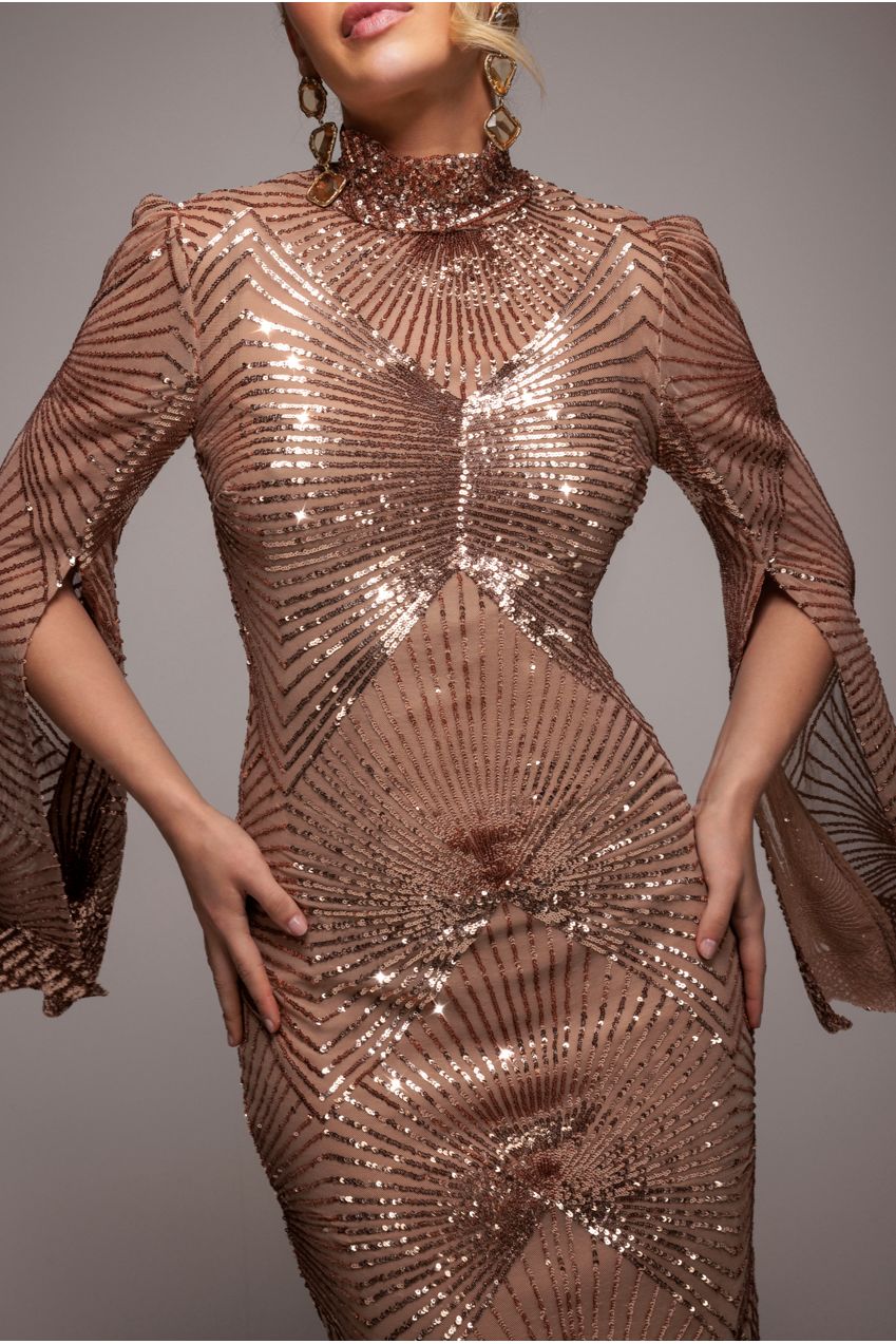 Sequin Starburst Cape Sleeve Midi Dress - Champagne DR4799