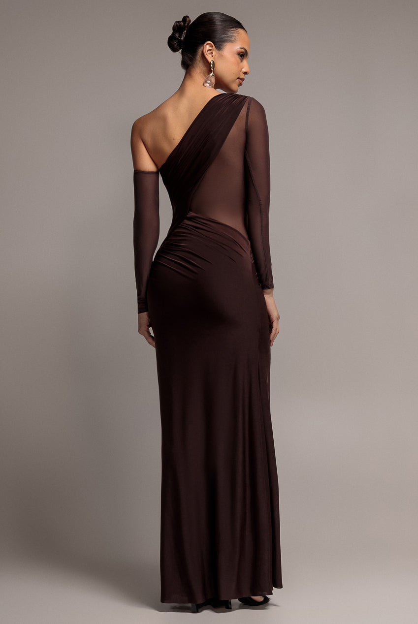 Gathered Cowl Asymmetric Mesh And Soft Touch Maxi Dress - Brown DR4800