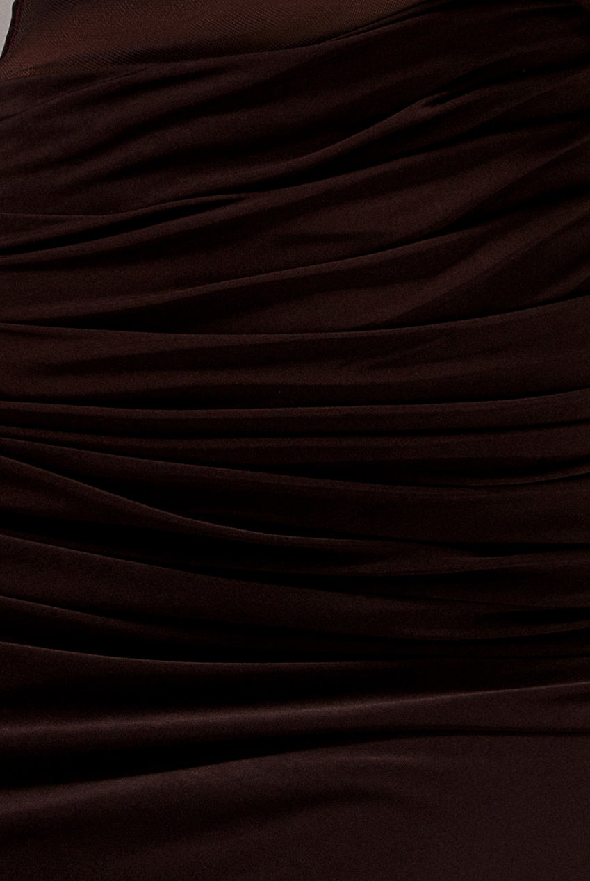 Gathered Cowl Asymmetric Mesh And Soft Touch Maxi Dress - Brown DR4800