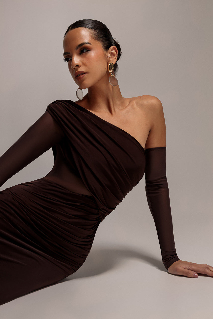 Gathered Cowl Asymmetric Mesh And Soft Touch Maxi Dress - Brown DR4800