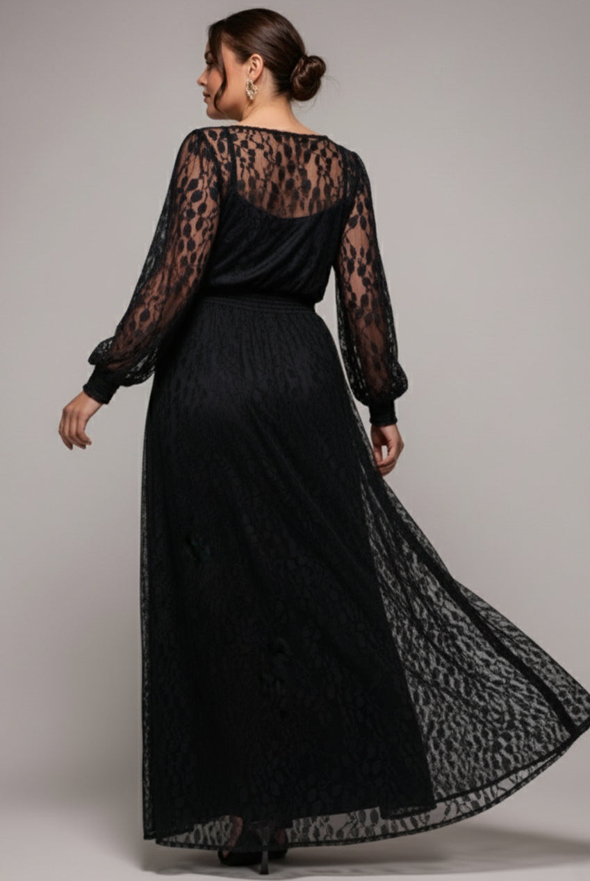 Lace Long Sleeve Shirred Waist Maxi Dress - Black DR4805PLUS