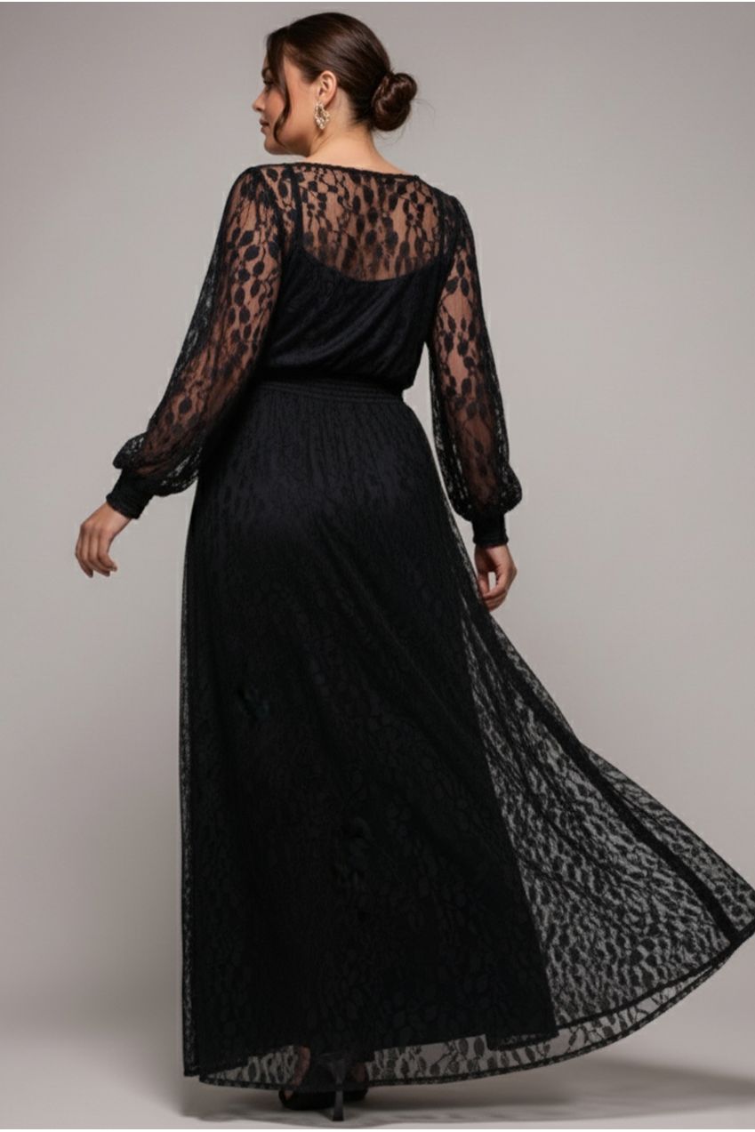 Lace Long Sleeve Shirred Waist Maxi Dress - Black DR4805PLUS
