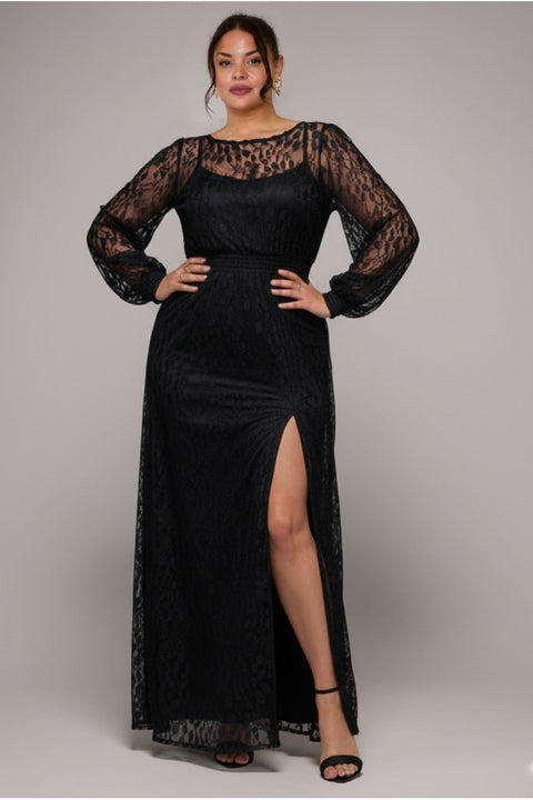 Lace Long Sleeve Shirred Waist Maxi Dress - Black by Goddiva Plus