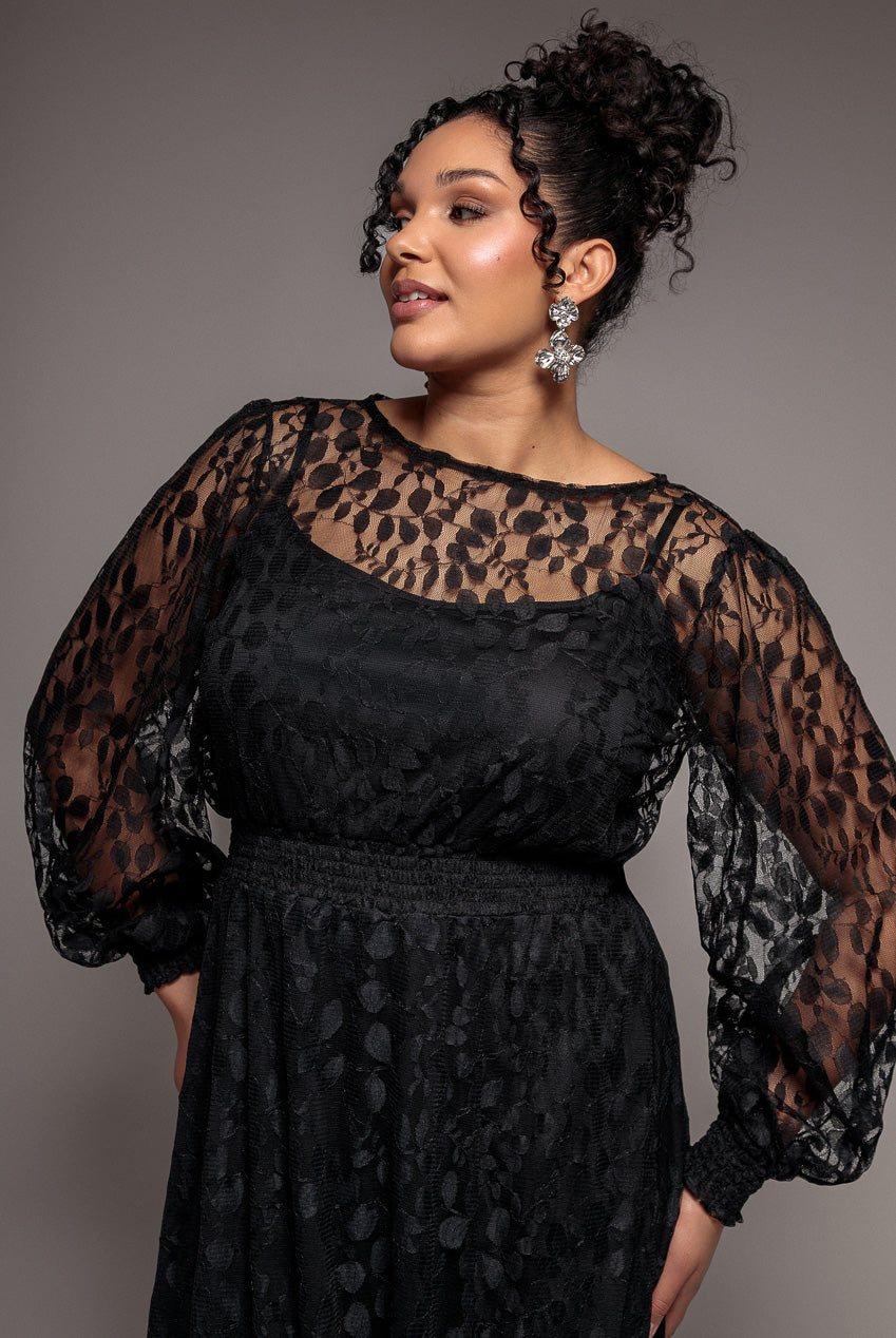 Lace Long Sleeve Shirred Waist Maxi Dress - Black DR4805PLUS