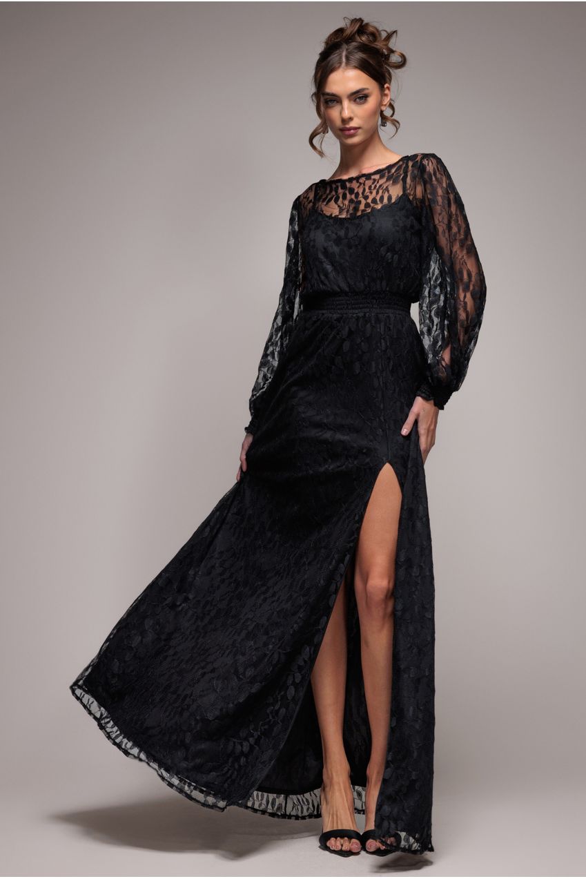 Lace Long Sleeve Shirred Waist Maxi Dress - Black DR4805