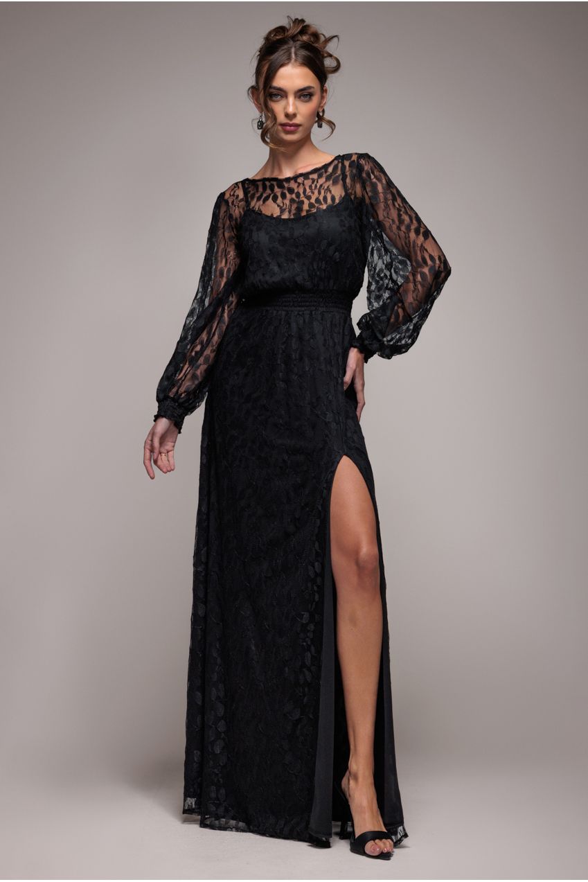 Lace Long Sleeve Shirred Waist Maxi Dress - Black DR4805