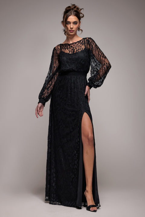 Lace Long Sleeve Shirred Waist Maxi Dress - Black by Goddiva