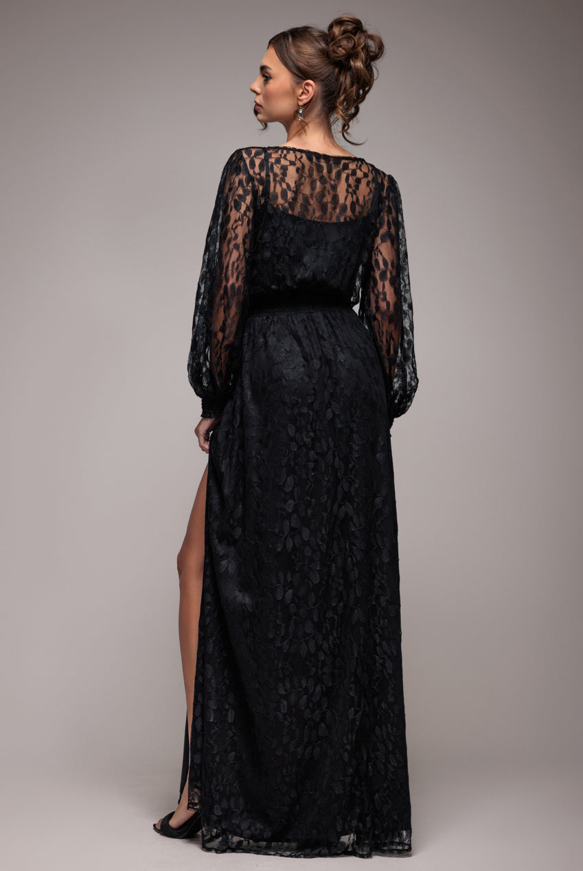 Lace Long Sleeve Shirred Waist Maxi Dress - Black DR4805