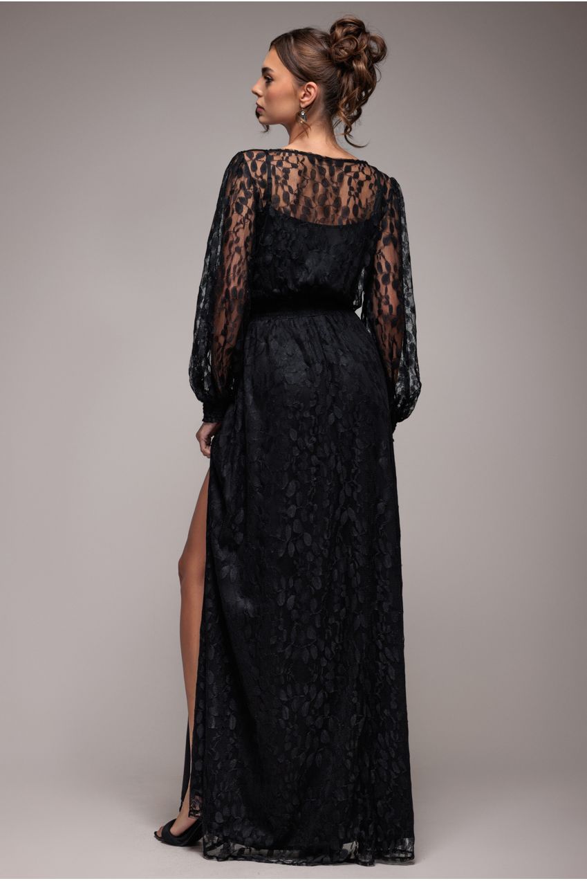 Lace Long Sleeve Shirred Waist Maxi Dress - Black DR4805