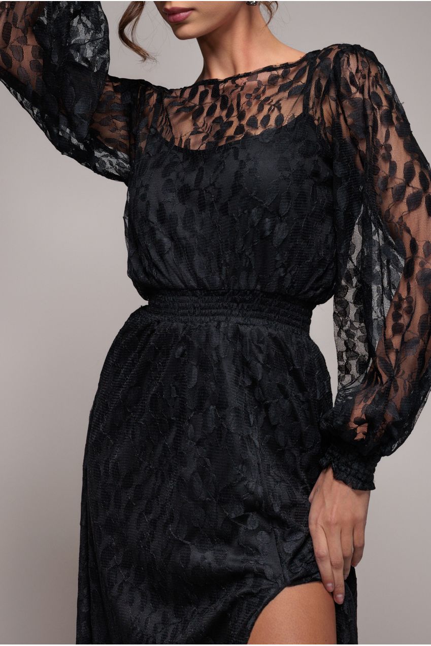 Lace Long Sleeve Shirred Waist Maxi Dress - Black DR4805