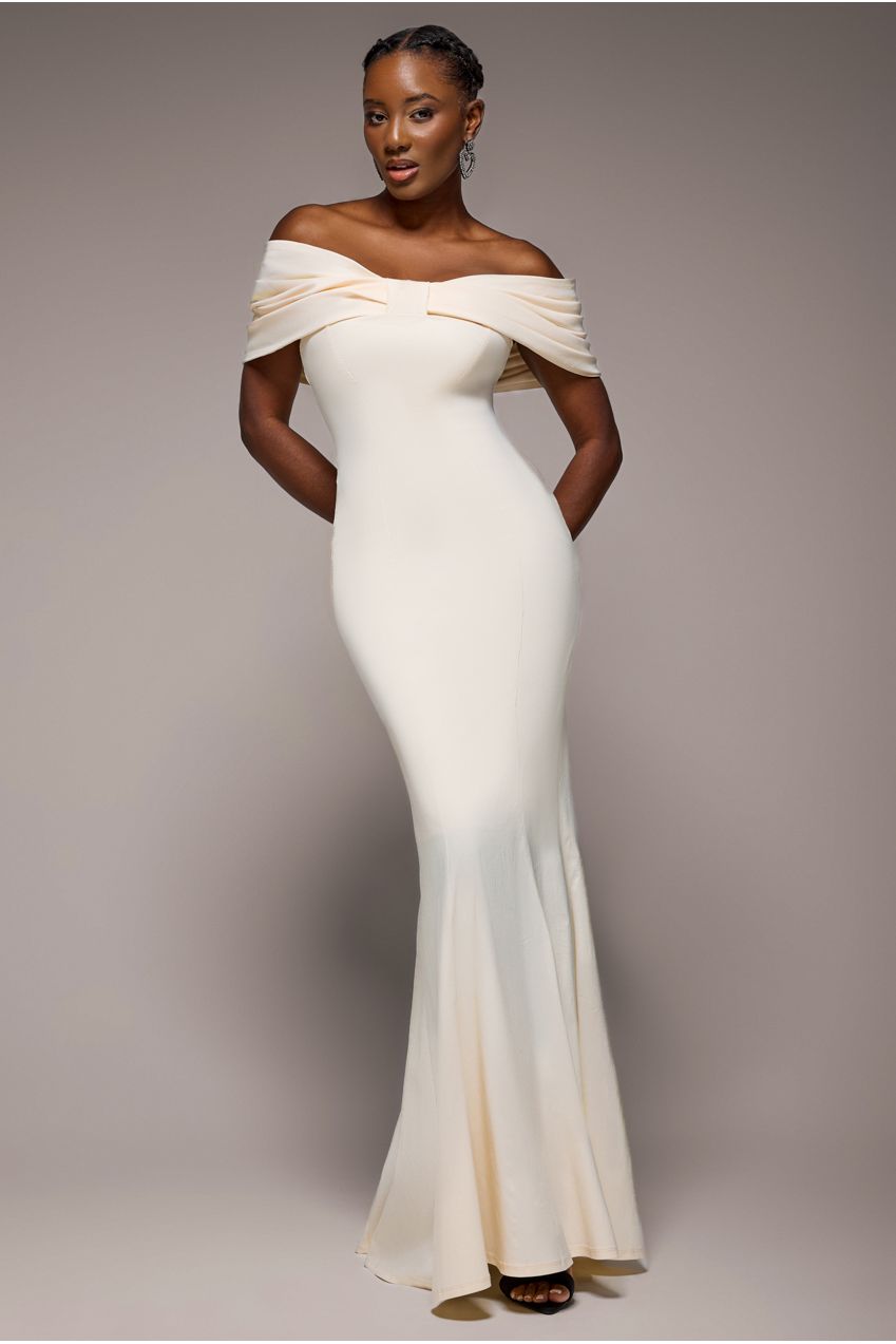 Bardot Bow Neck Maxi Dress - Cream | Goddiva Bardot Bow Neck Maxi Dress - Cream | Goddiva