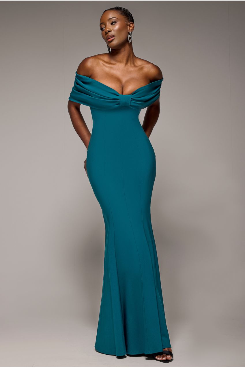 Bardot Bow Neck Maxi Dress - Emerald Green | Goddiva Bardot Bow Neck Maxi Dress - Emerald Green | Goddiva