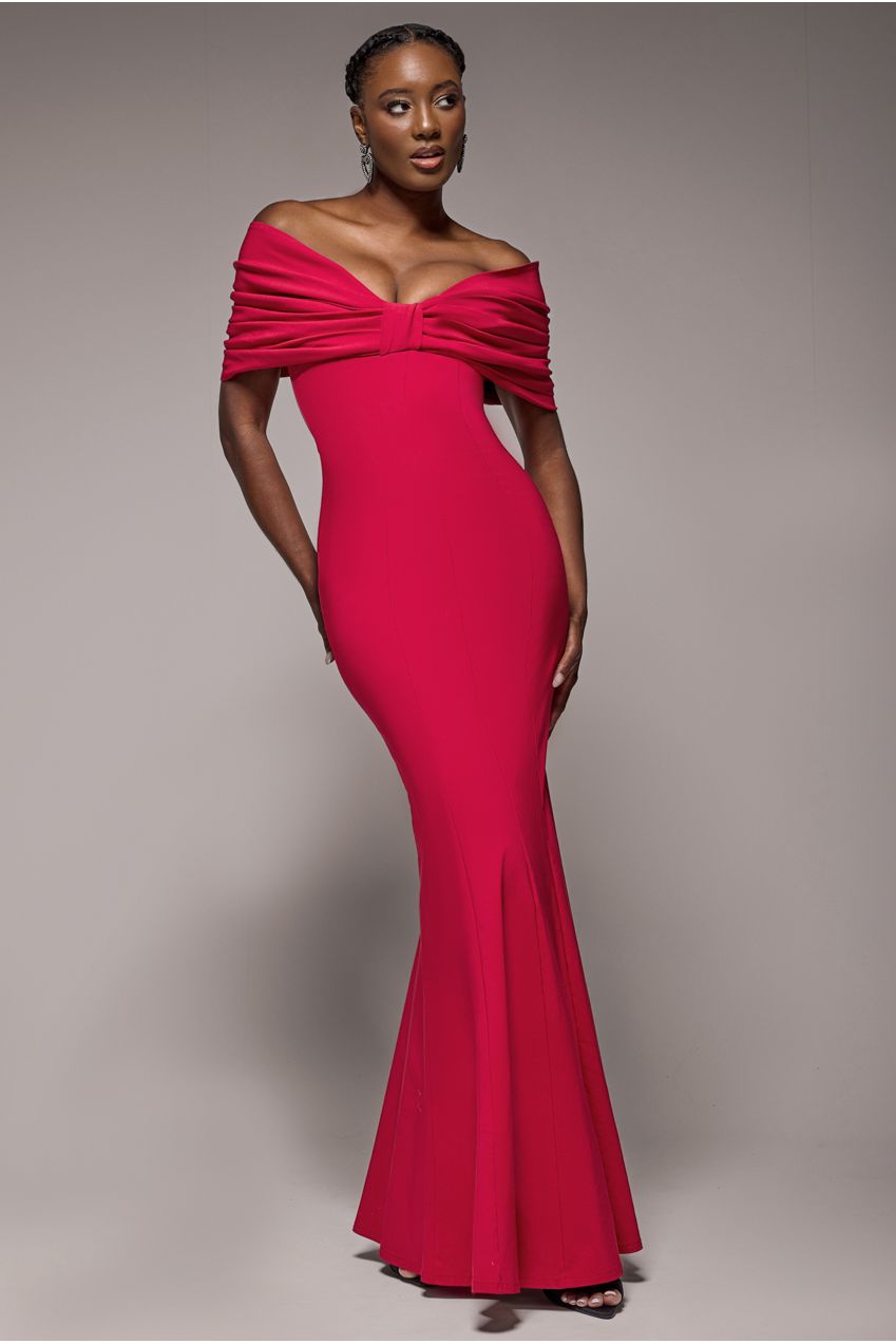 Bardot Bow Neck Maxi Dress - Red DR4809