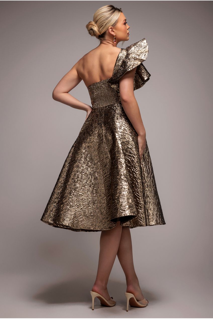 One Shoulder Frill Jacquard Skater Midi Dress - Bronze Gold DR4811