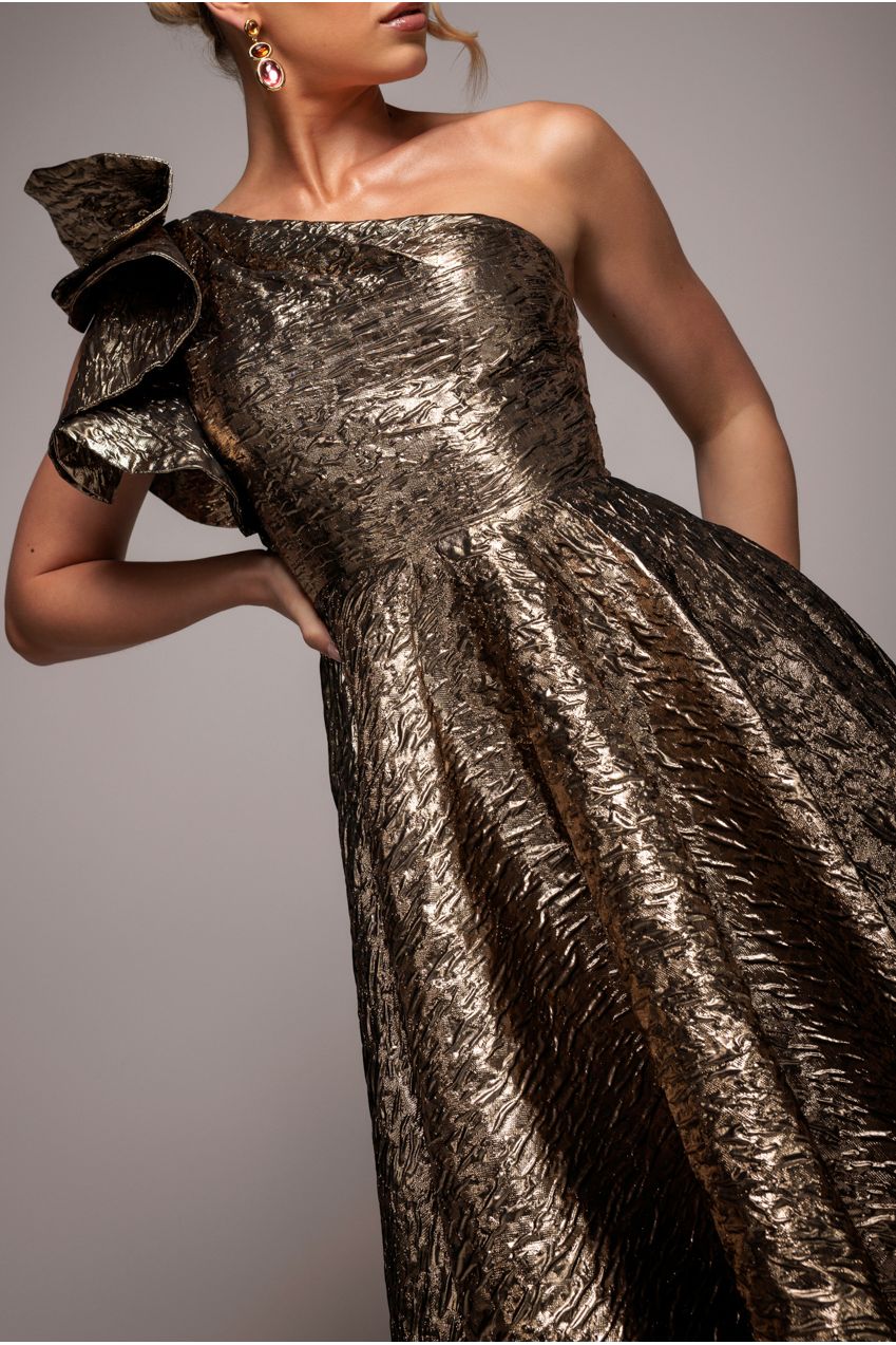 One Shoulder Frill Jacquard Skater Midi Dress - Bronze Gold DR4811