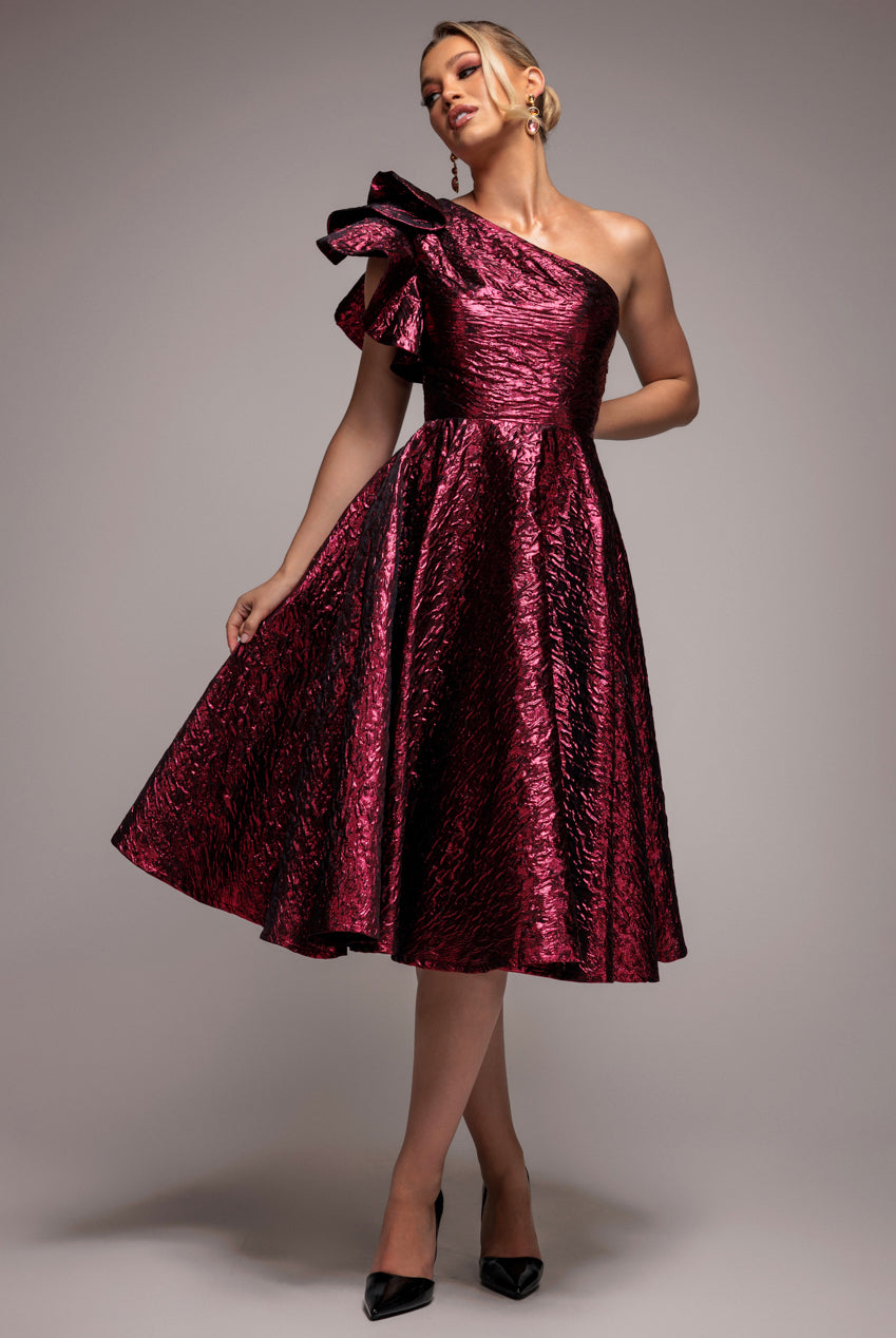 One Shoulder Frill Jacquard Skater Midi Dress - Burgundy Red DR4811