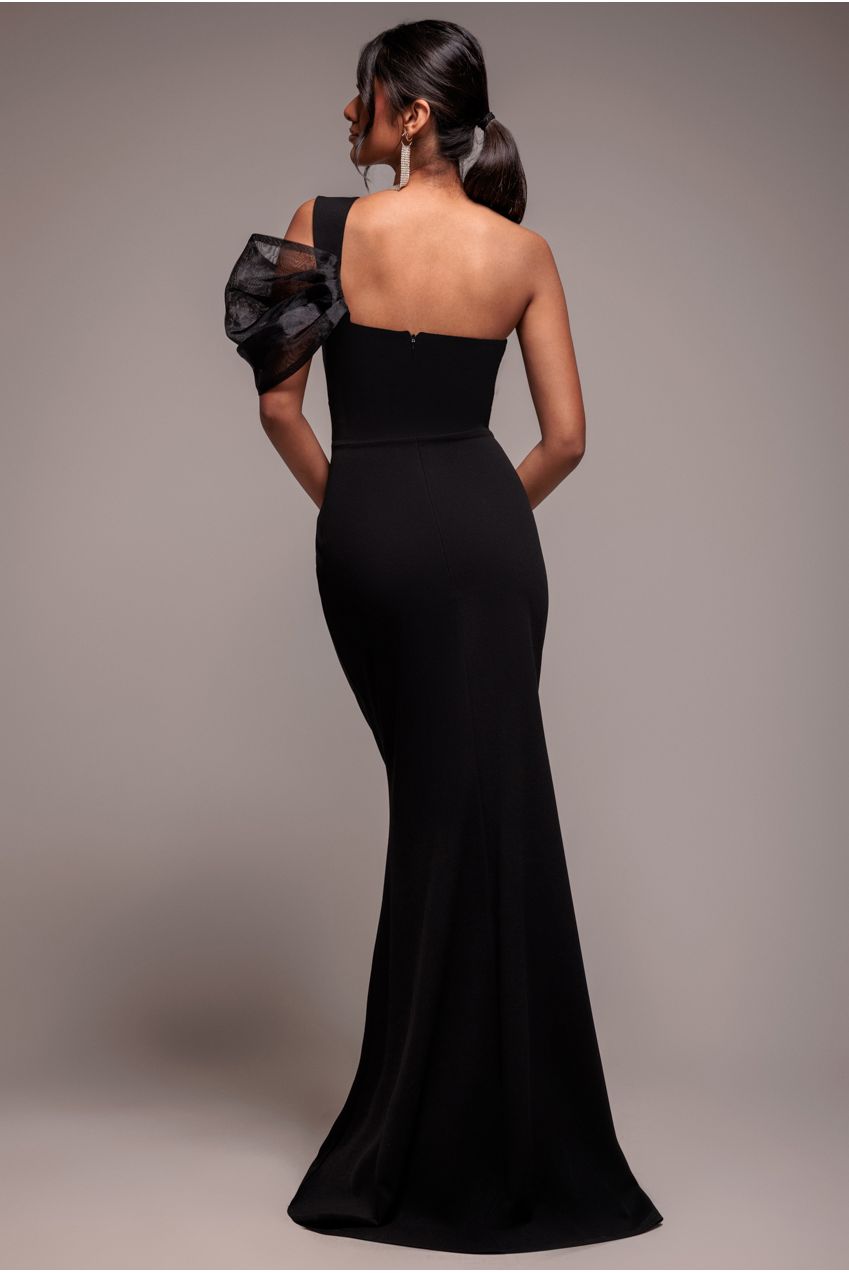 Organza Bow One Shoulder Scuba Crepe Maxi Dress - Black DR4812