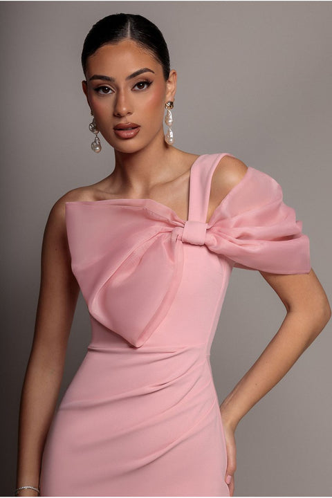 Organza Bow One Shoulder Scuba Crepe Maxi Dress - Blush Pink by Goddiva