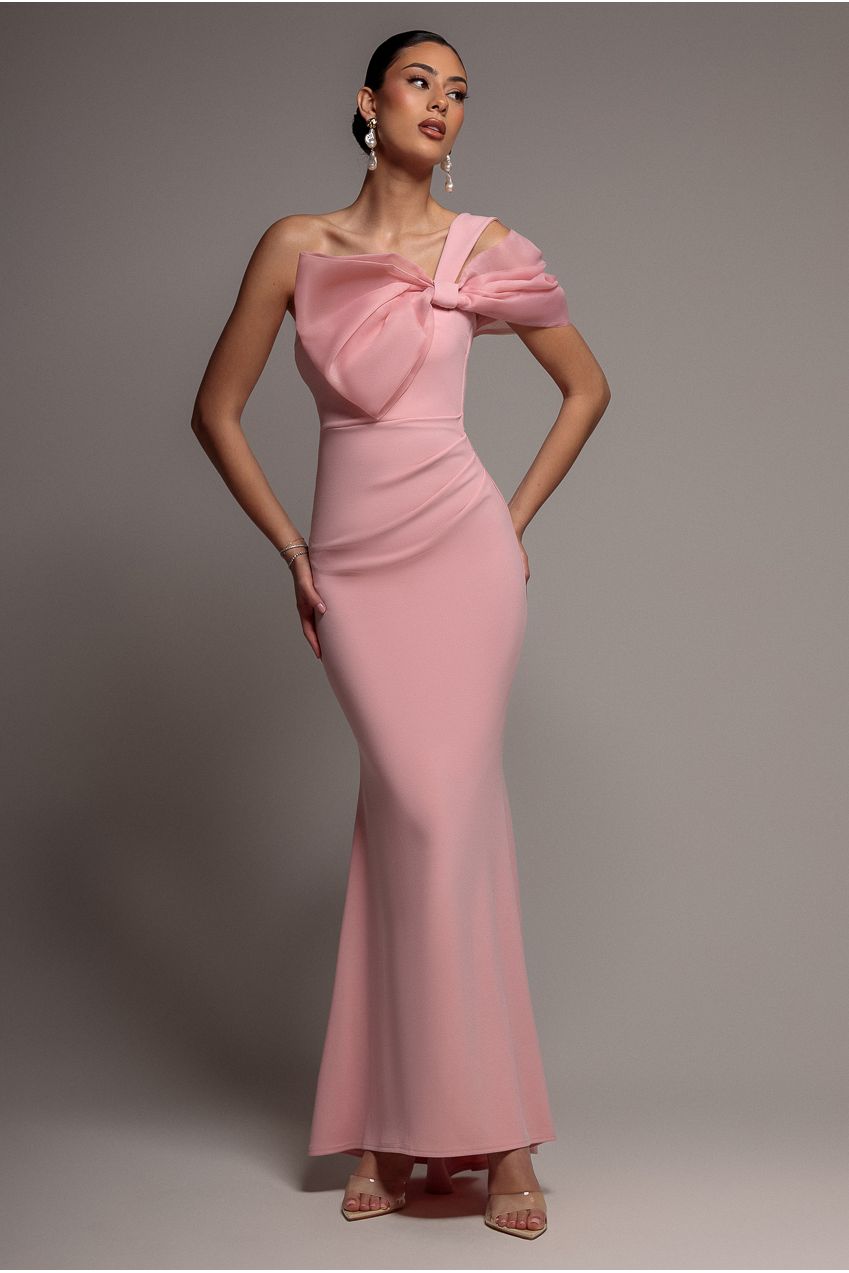 Organza Bow One Shoulder Scuba Crepe Maxi Dress - Blush Pink DR4812