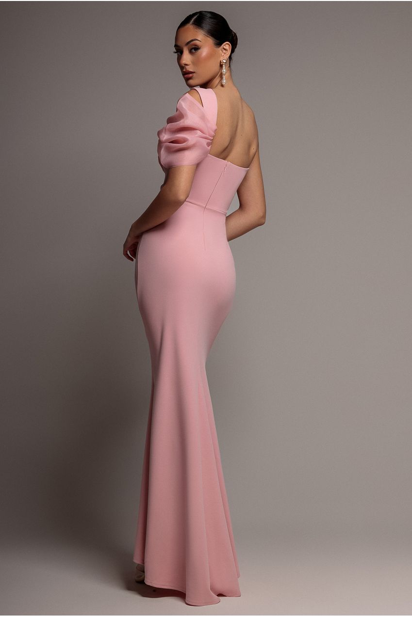 Organza Bow One Shoulder Scuba Crepe Maxi Dress - Blush Pink DR4812