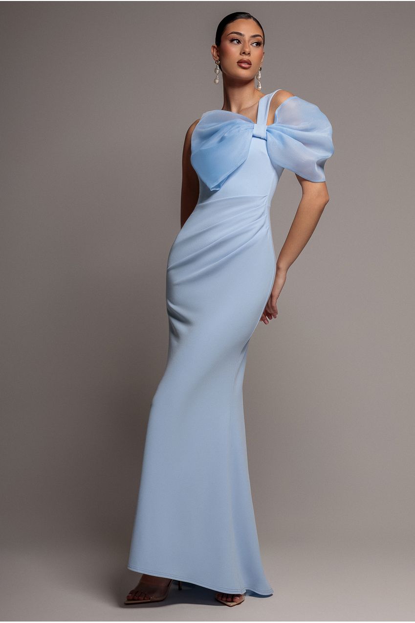 Organza Bow One Shoulder Scuba Crepe Maxi Dress - Powder Blue DR4812