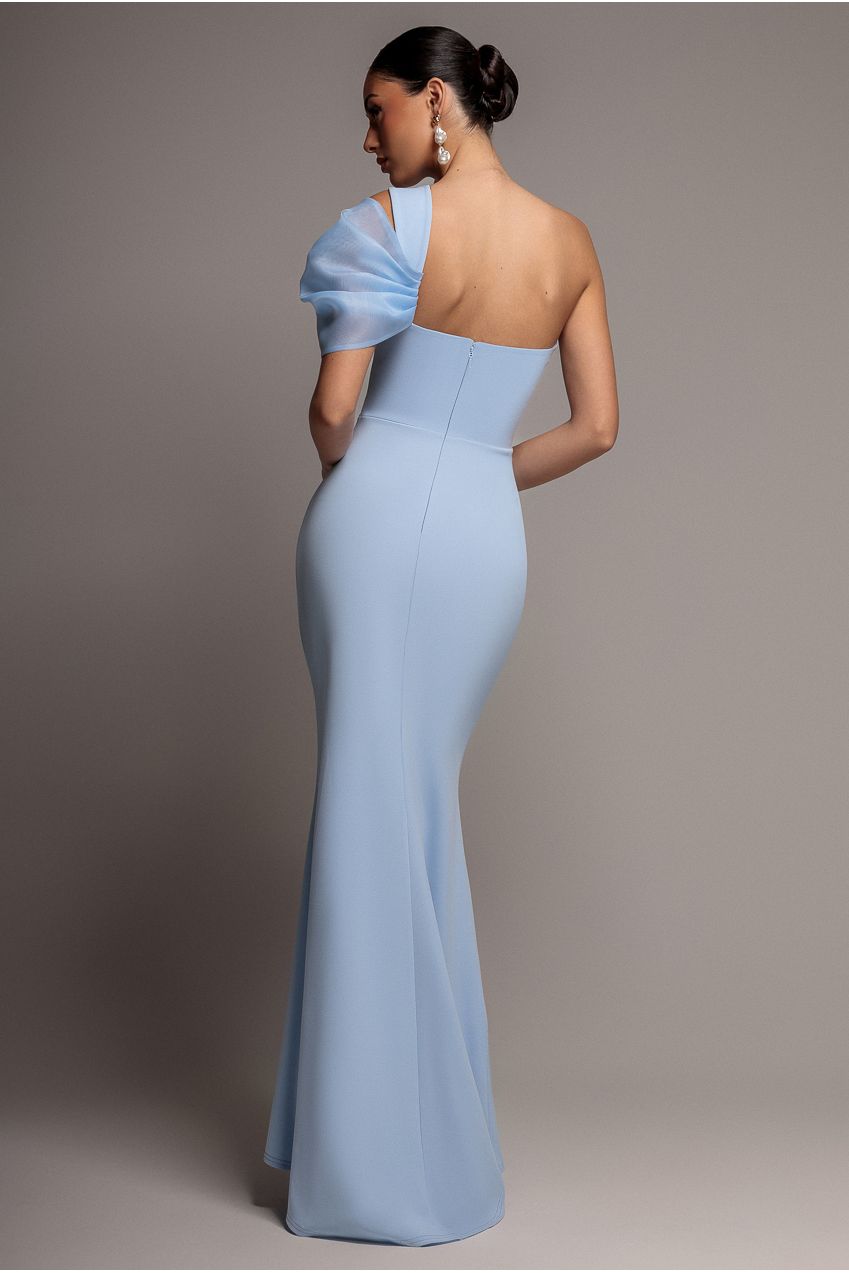 Organza Bow One Shoulder Scuba Crepe Maxi Dress - Powder Blue DR4812