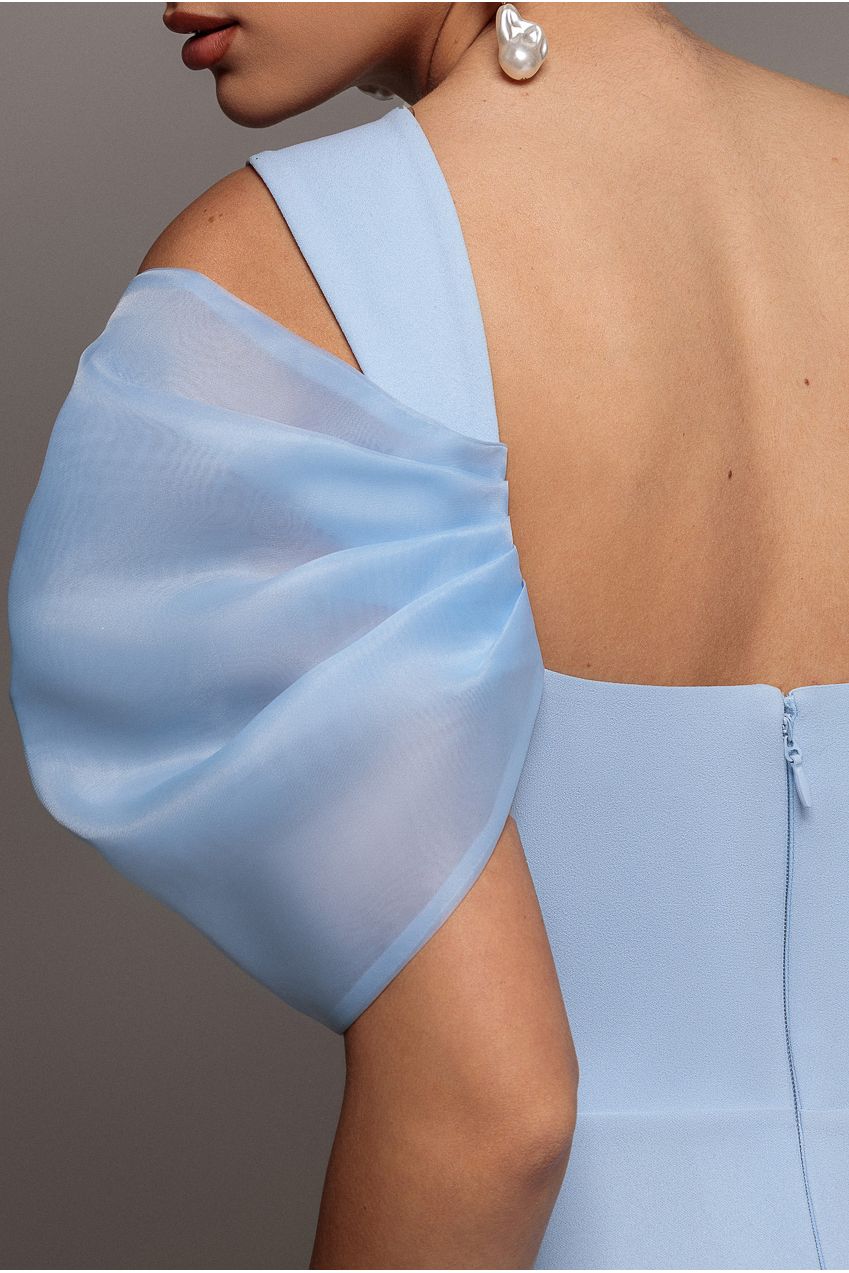 Organza Bow One Shoulder Scuba Crepe Maxi Dress - Powder Blue DR4812